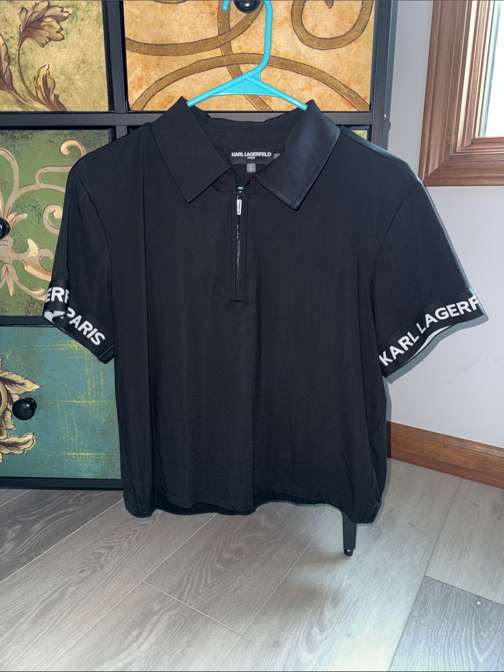 Karl Lagerfeld Black Short-Sleeve Polo with Sleeve Logo Trim